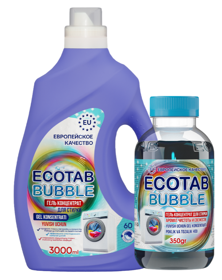 ECOTAB Bubble laundry gel family — 3000ml bottle and 350g concentrate